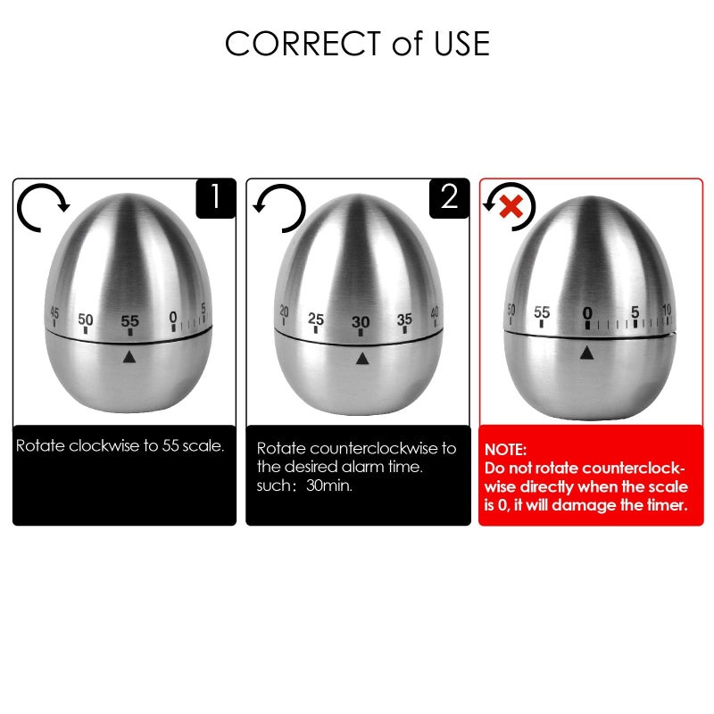 Jayron JR-WG015 Egg Kitchen Timer Stainless Steel Mechanical Rotating Alarm 60 Minutes Count Down Timer for Cooking Learning - Image 3